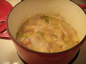 Reducing the apple-leek sauce ... simmering away in a cast-iron saucepan.