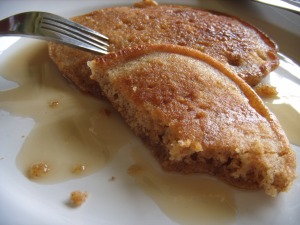Hot pancakes slathered in maple syrup ... no apples for these 'cakes just yet....